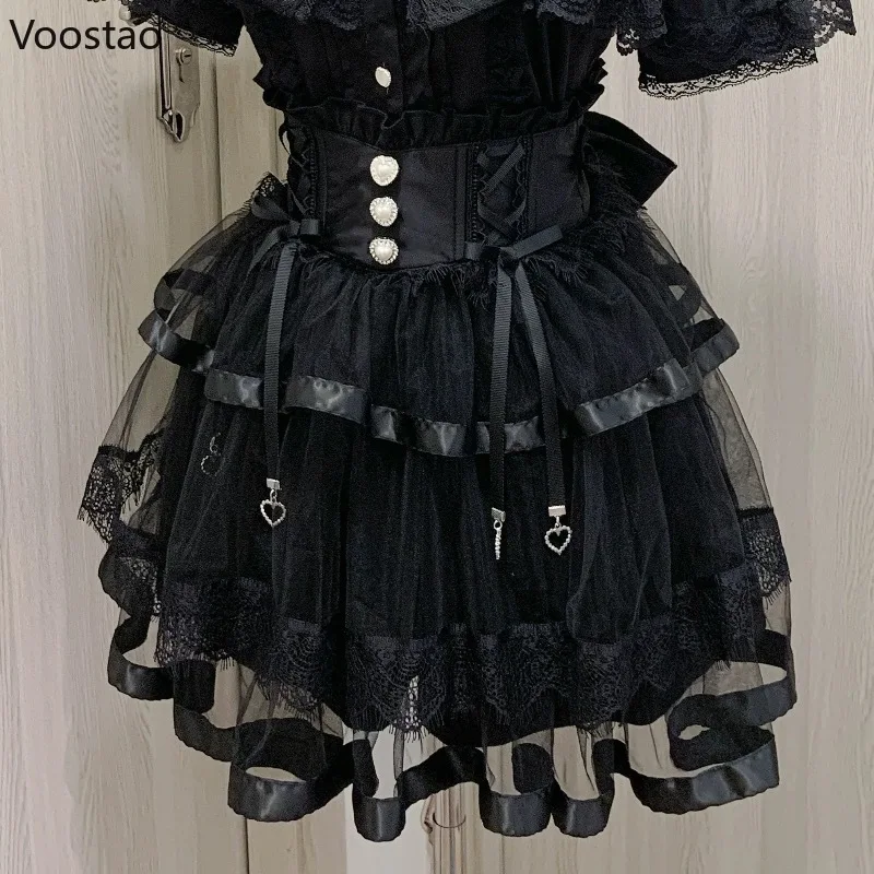 Japanese Gothic Lolita Style Rhinestone Mini Skirt Women Punk Slim Bandage Cake Skirt Girls Sweet Y2k Mesh Skirts Faldas Mujer