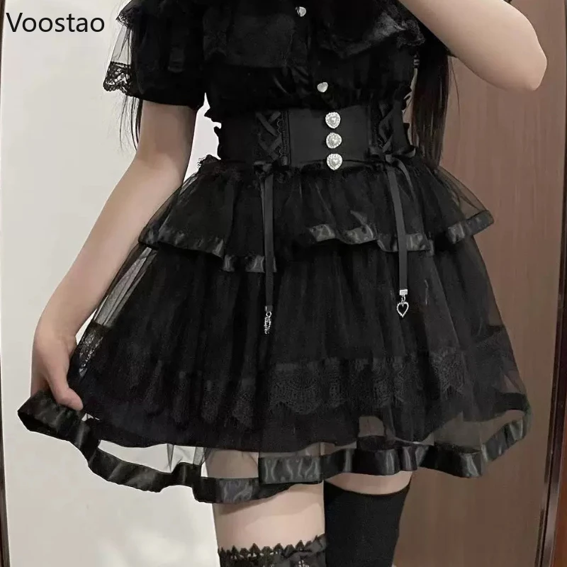 Japanese Gothic Lolita Style Rhinestone Mini Skirt Women Punk Slim Bandage Cake Skirt Girls Sweet Y2k Mesh Skirts Faldas Mujer