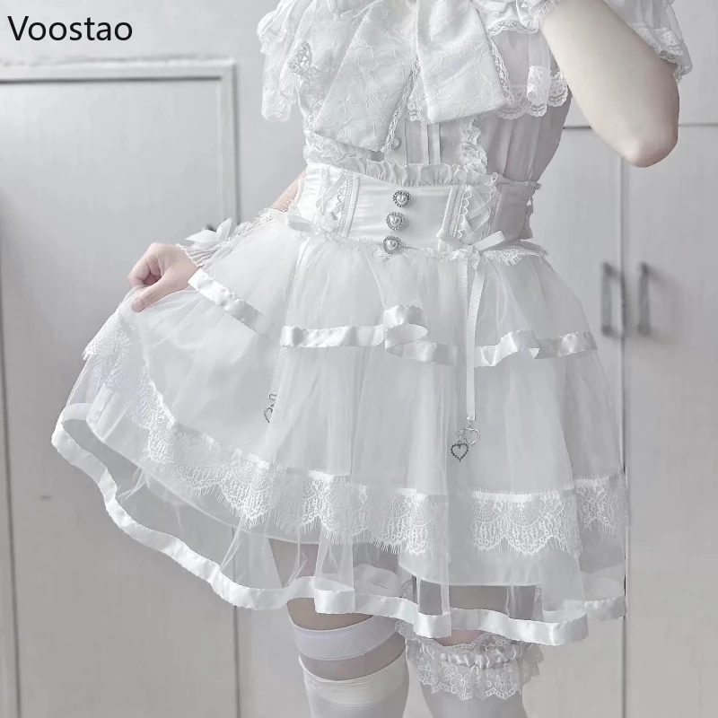 Japanese Gothic Lolita Style Rhinestone Mini Skirt Women Punk Slim Bandage Cake Skirt Girls Sweet Y2k Mesh Skirts Faldas Mujer