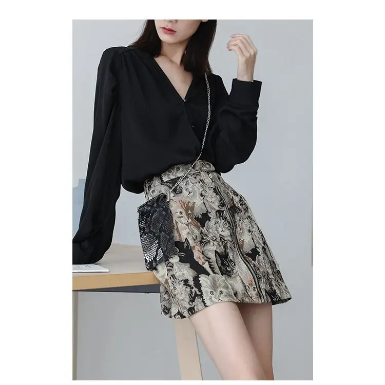 2025 Vintage Autumn Winter Women Skirt Sweet Cat Print A-line Mini Skirt High Waist Fashion Casual Cute Female Skirts Oversize
