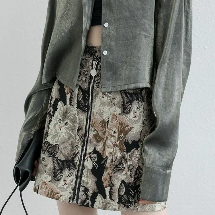 2025 Vintage Autumn Winter Women Skirt Sweet Cat Print A-line Mini Skirt High Waist Fashion Casual Cute Female Skirts Oversize
