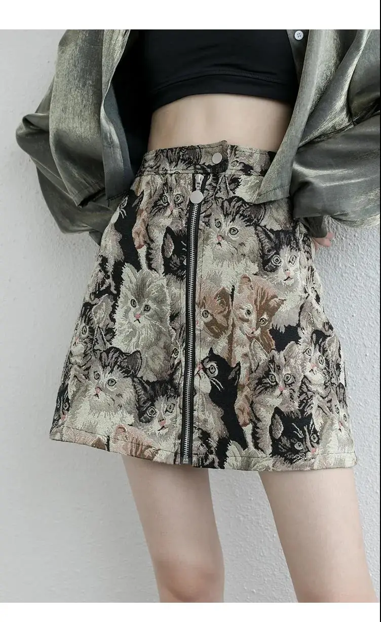 2025 Vintage Autumn Winter Women Skirt Sweet Cat Print A-line Mini Skirt High Waist Fashion Casual Cute Female Skirts Oversize