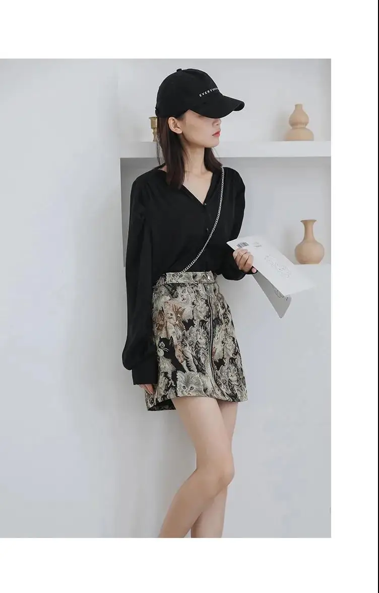 2025 Vintage Autumn Winter Women Skirt Sweet Cat Print A-line Mini Skirt High Waist Fashion Casual Cute Female Skirts Oversize