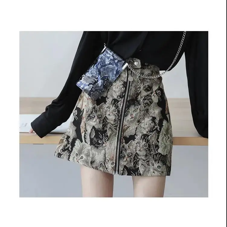 2025 Vintage Autumn Winter Women Skirt Sweet Cat Print A-line Mini Skirt High Waist Fashion Casual Cute Female Skirts Oversize