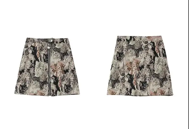2025 Vintage Autumn Winter Women Skirt Sweet Cat Print A-line Mini Skirt High Waist Fashion Casual Cute Female Skirts Oversize