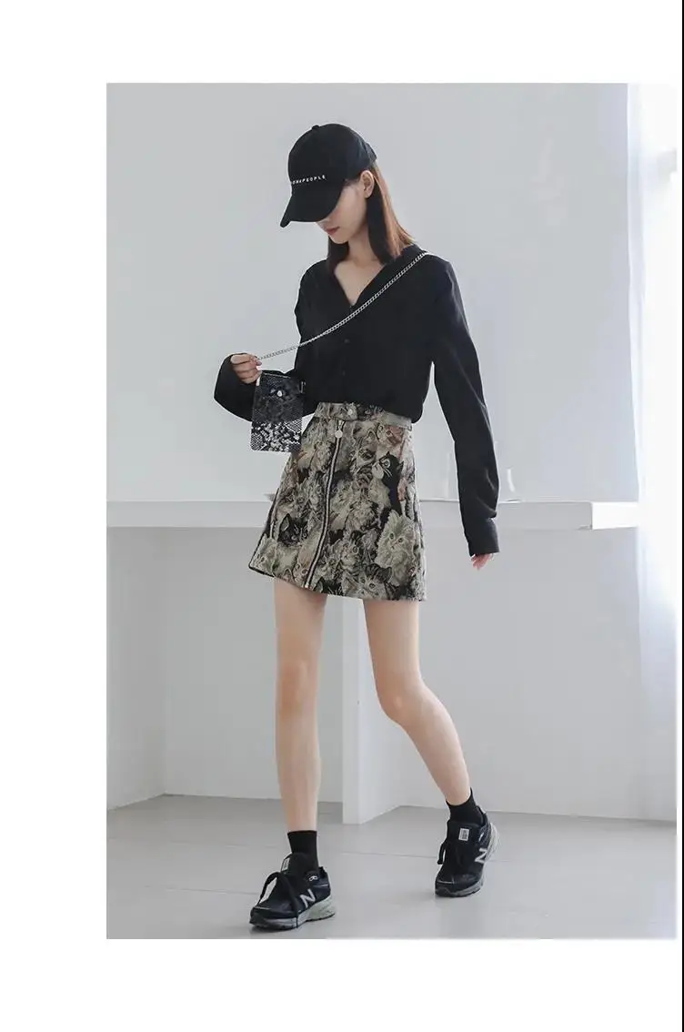 2025 Vintage Autumn Winter Women Skirt Sweet Cat Print A-line Mini Skirt High Waist Fashion Casual Cute Female Skirts Oversize