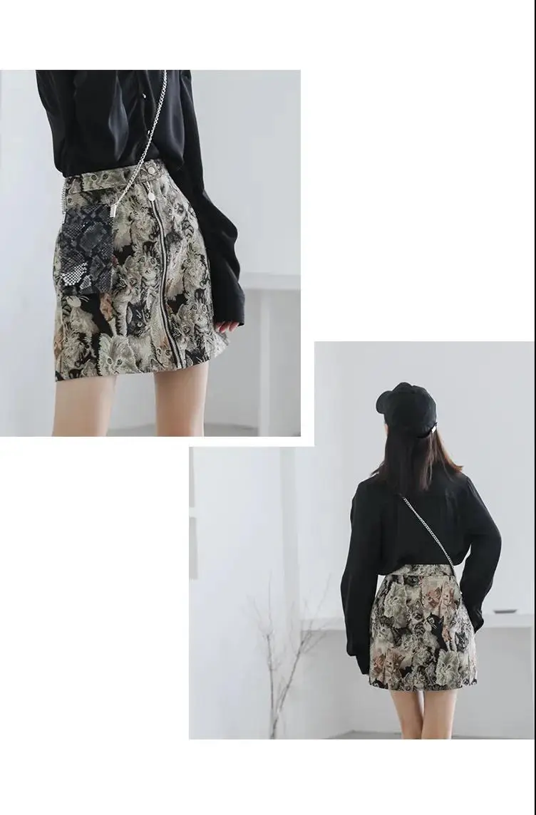 2025 Vintage Autumn Winter Women Skirt Sweet Cat Print A-line Mini Skirt High Waist Fashion Casual Cute Female Skirts Oversize