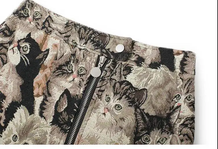2025 Vintage Autumn Winter Women Skirt Sweet Cat Print A-line Mini Skirt High Waist Fashion Casual Cute Female Skirts Oversize