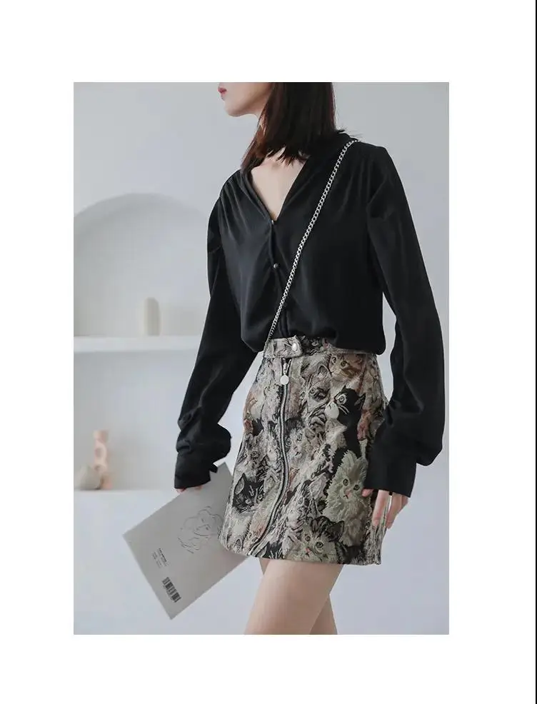 2025 Vintage Autumn Winter Women Skirt Sweet Cat Print A-line Mini Skirt High Waist Fashion Casual Cute Female Skirts Oversize