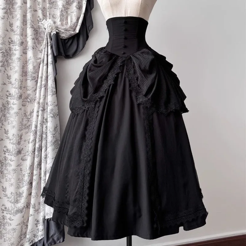 Japanese Skirts for Women 2025 Faldas Mujer De Moda High Waist A-line Jupe Lolita Style Patchwork Lace Vintage Long Skirt 49C903