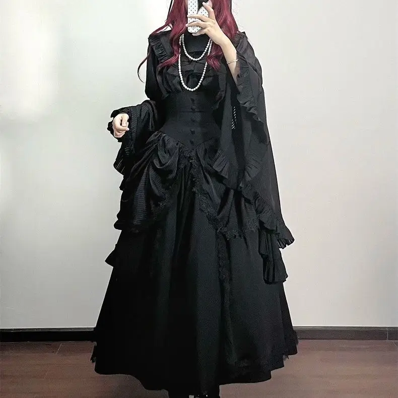 Japanese Skirts for Women 2025 Faldas Mujer De Moda High Waist A-line Jupe Lolita Style Patchwork Lace Vintage Long Skirt 49C903
