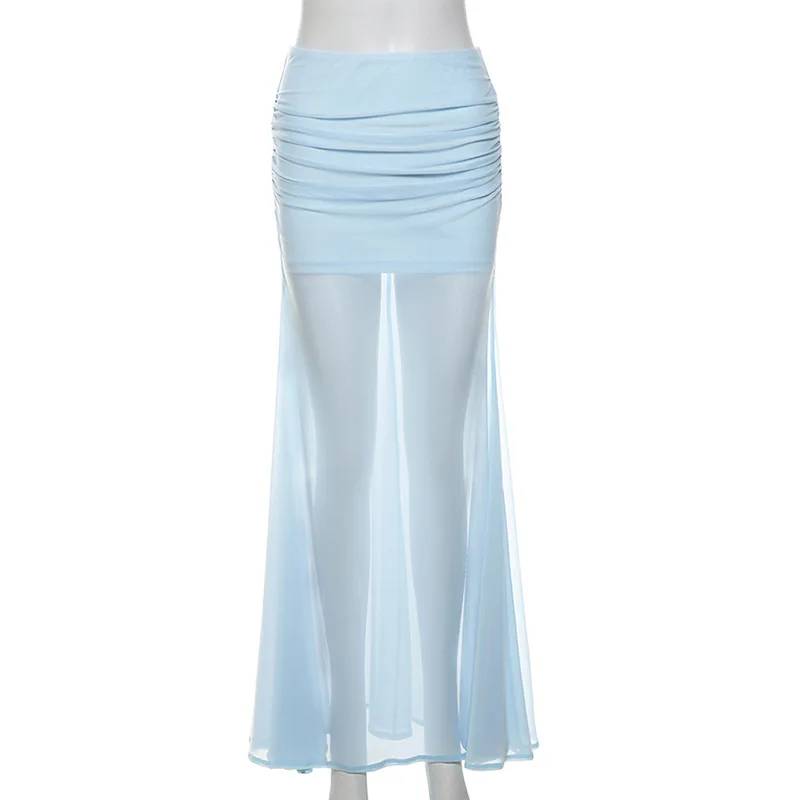 Women Blue Transparent Party Long Dress Blue Skirt Lace Up Long Skirts Female Cute Kwaii Outfits Y2K