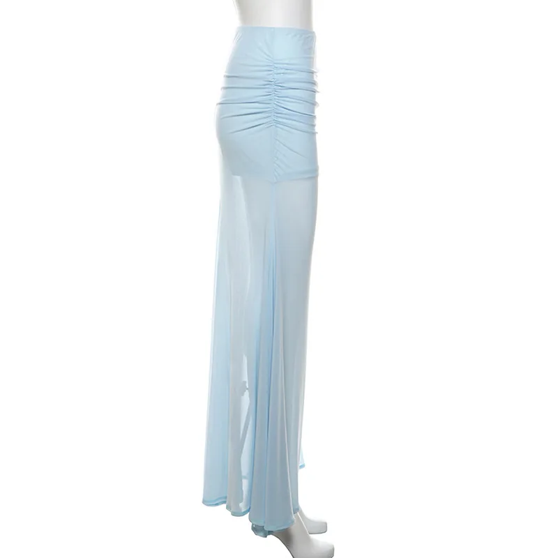 Women Blue Transparent Party Long Dress Blue Skirt Lace Up Long Skirts Female Cute Kwaii Outfits Y2K