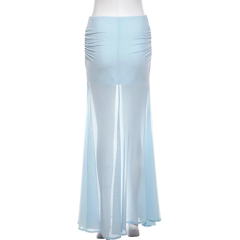 Women Blue Transparent Party Long Dress Blue Skirt Lace Up Long Skirts Female Cute Kwaii Outfits Y2K
