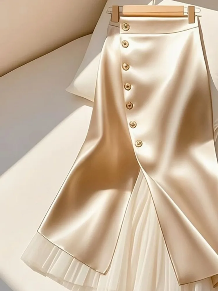 Elegant Satin Long Skirts for Women Fashion Spliced Mesh Single Breasted Slit Maxi Skirt 2025 New Commuting Lady Skirt