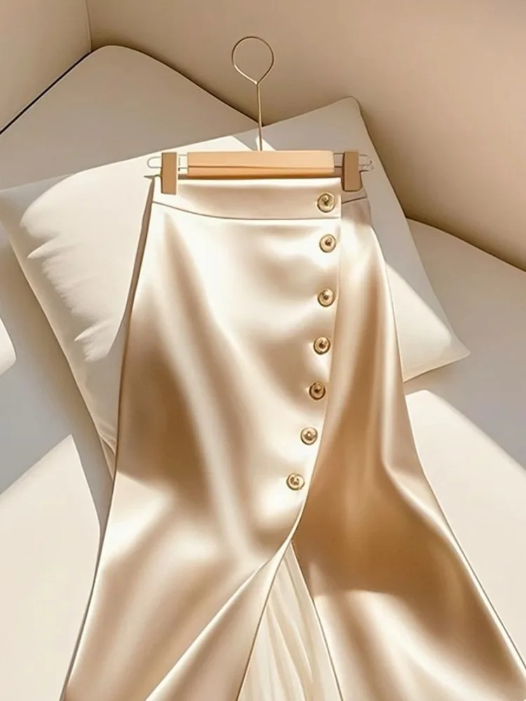 Elegant Satin Long Skirts for Women Fashion Spliced Mesh Single Breasted Slit Maxi Skirt 2025 New Commuting Lady Skirt