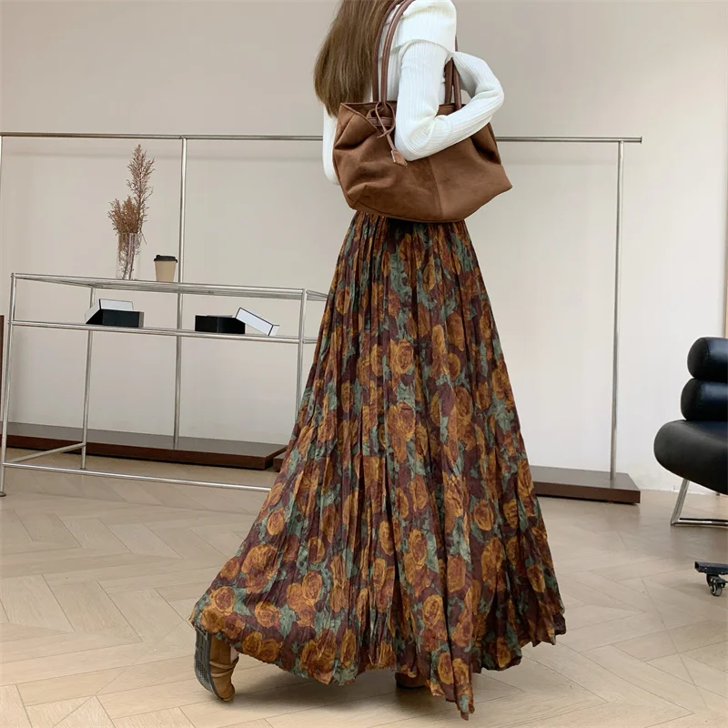 New Fashion French Retro Pleated Printed Midi Skirt For Women New Autumn Winter High Waist Slim Big swing A-line Long Skirt