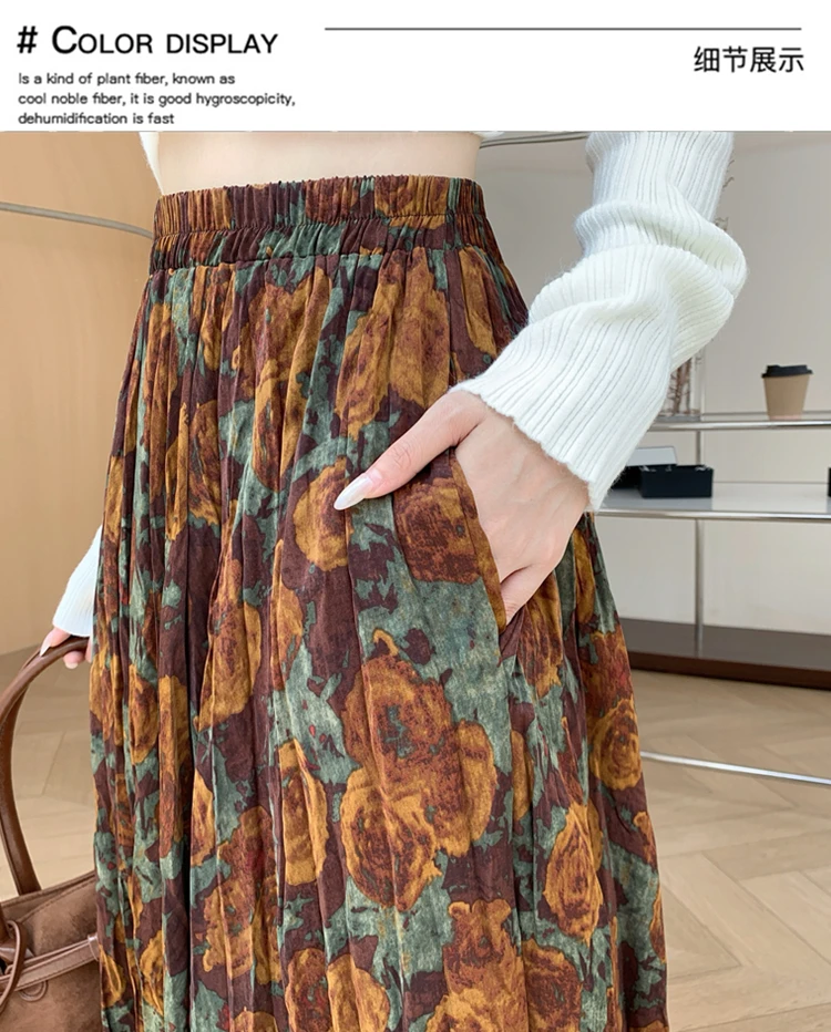 New Fashion French Retro Pleated Printed Midi Skirt For Women New Autumn Winter High Waist Slim Big swing A-line Long Skirt