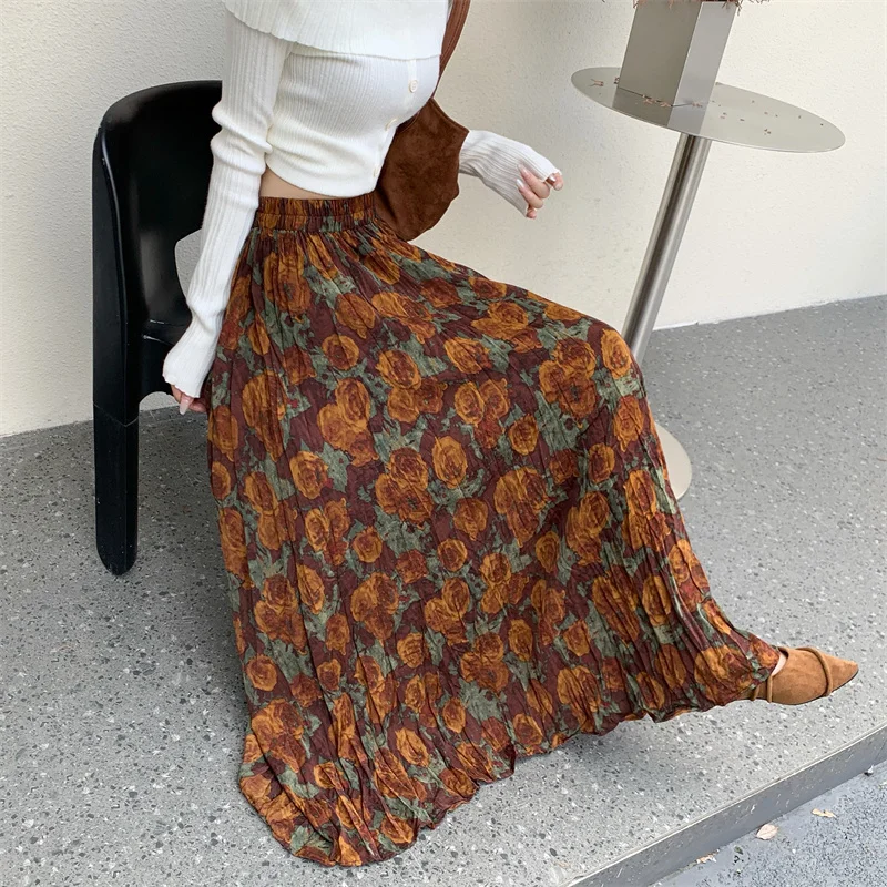 New Fashion French Retro Pleated Printed Midi Skirt For Women New Autumn Winter High Waist Slim Big swing A-line Long Skirt