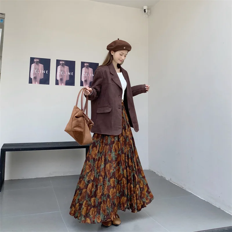 New Fashion French Retro Pleated Printed Midi Skirt For Women New Autumn Winter High Waist Slim Big swing A-line Long Skirt