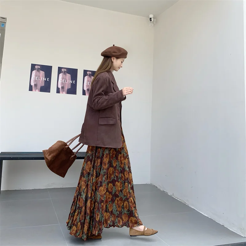 New Fashion French Retro Pleated Printed Midi Skirt For Women New Autumn Winter High Waist Slim Big swing A-line Long Skirt
