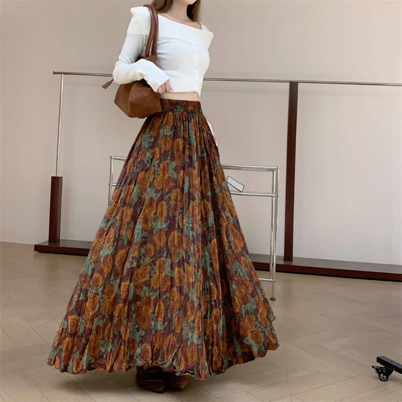 New Fashion French Retro Pleated Printed Midi Skirt For Women New Autumn Winter High Waist Slim Big swing A-line Long Skirt