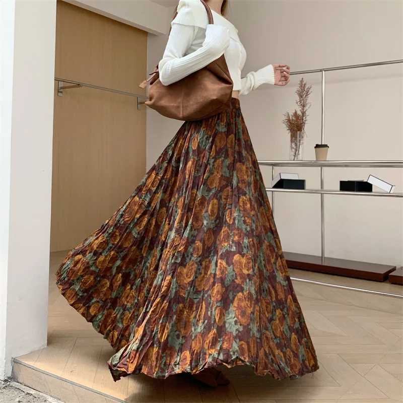 New Fashion French Retro Pleated Printed Midi Skirt For Women New Autumn Winter High Waist Slim Big swing A-line Long Skirt