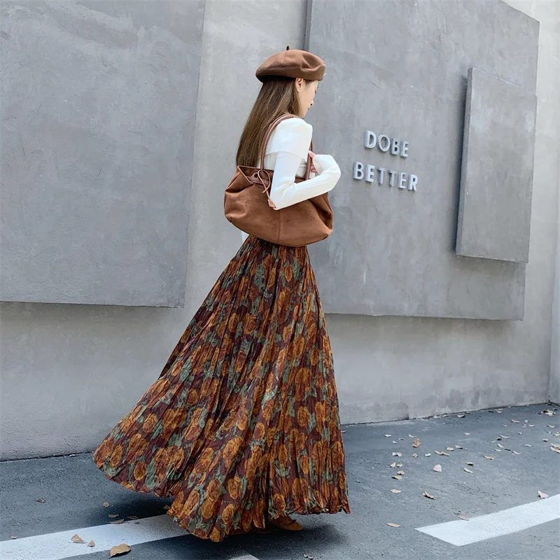 New Fashion French Retro Pleated Printed Midi Skirt For Women New Autumn Winter High Waist Slim Big swing A-line Long Skirt