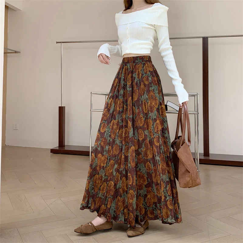 New Fashion French Retro Pleated Printed Midi Skirt For Women New Autumn Winter High Waist Slim Big swing A-line Long Skirt