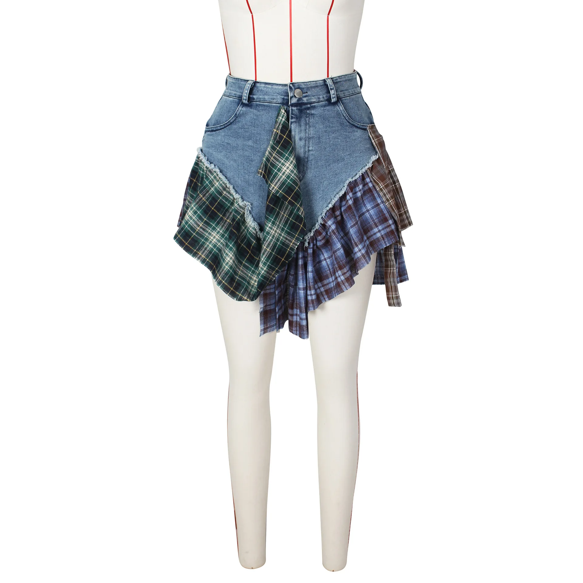 CM.YAYA Women Fashion Plaid Denim Patchwork Streamer Irregular A-line Mini Skirt 2023 Street Female Classic Jeans Cargo Skirts