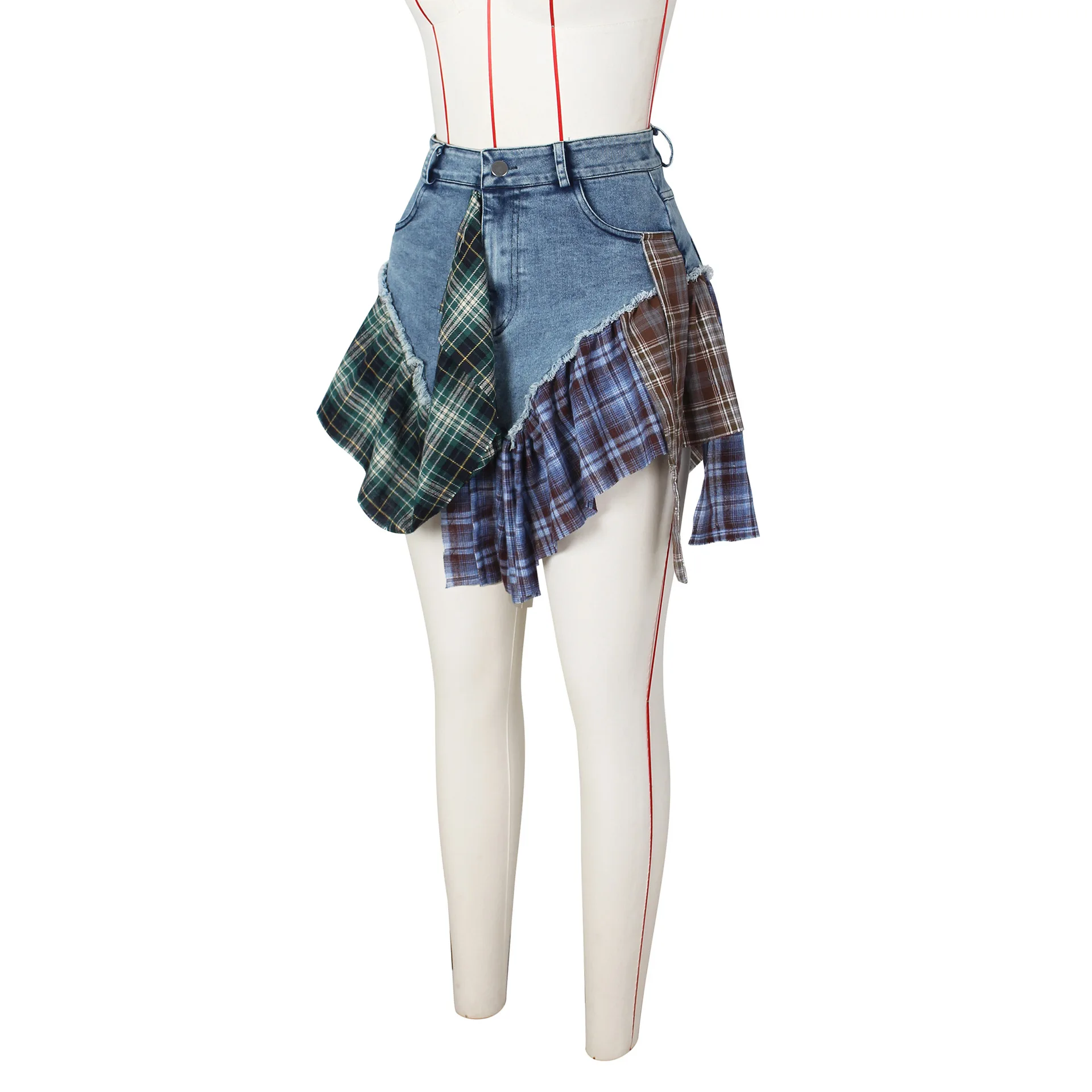 CM.YAYA Women Fashion Plaid Denim Patchwork Streamer Irregular A-line Mini Skirt 2023 Street Female Classic Jeans Cargo Skirts