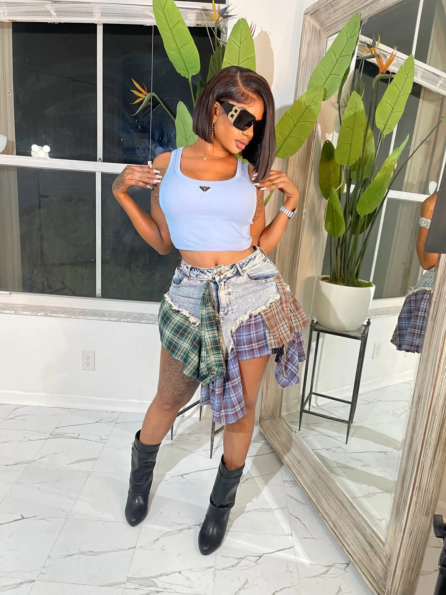 CM.YAYA Women Fashion Plaid Denim Patchwork Streamer Irregular A-line Mini Skirt 2023 Street Female Classic Jeans Cargo Skirts