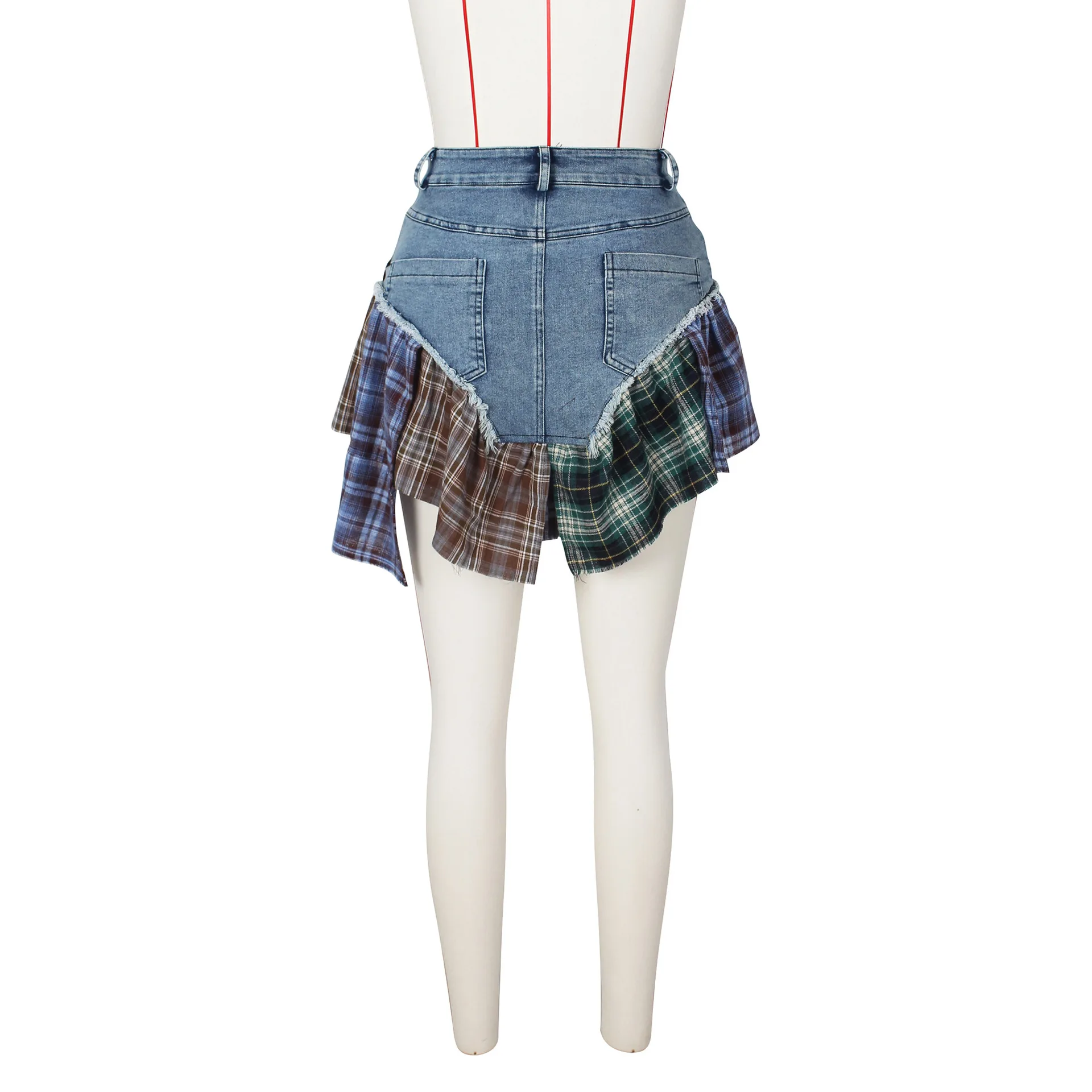 CM.YAYA Women Fashion Plaid Denim Patchwork Streamer Irregular A-line Mini Skirt 2023 Street Female Classic Jeans Cargo Skirts