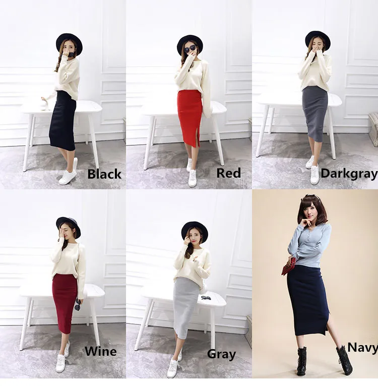 Summer Women Black Skirts Sexy Chic Pencil Skirts 2025 Slim Fit Female Faldas Wool Rib Knit Long Package Hip Split Waist Skirt