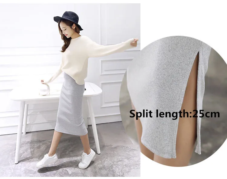 Summer Women Black Skirts Sexy Chic Pencil Skirts 2025 Slim Fit Female Faldas Wool Rib Knit Long Package Hip Split Waist Skirt