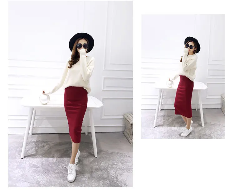 Summer Women Black Skirts Sexy Chic Pencil Skirts 2025 Slim Fit Female Faldas Wool Rib Knit Long Package Hip Split Waist Skirt