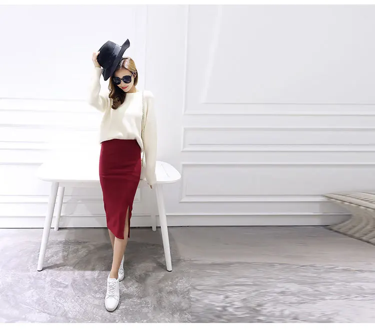 Summer Women Black Skirts Sexy Chic Pencil Skirts 2025 Slim Fit Female Faldas Wool Rib Knit Long Package Hip Split Waist Skirt