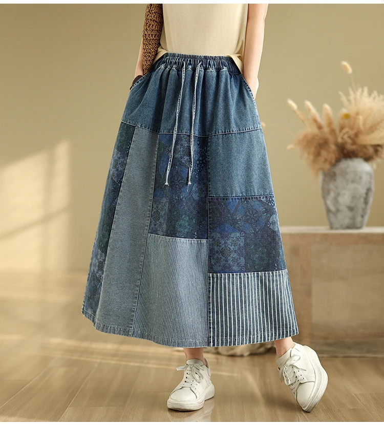 NYFS Summer Korean Denim Skirt Vintage Loose Plus Size High Waist Patchwork Woman Long Skirts Faldas Mujer Saias