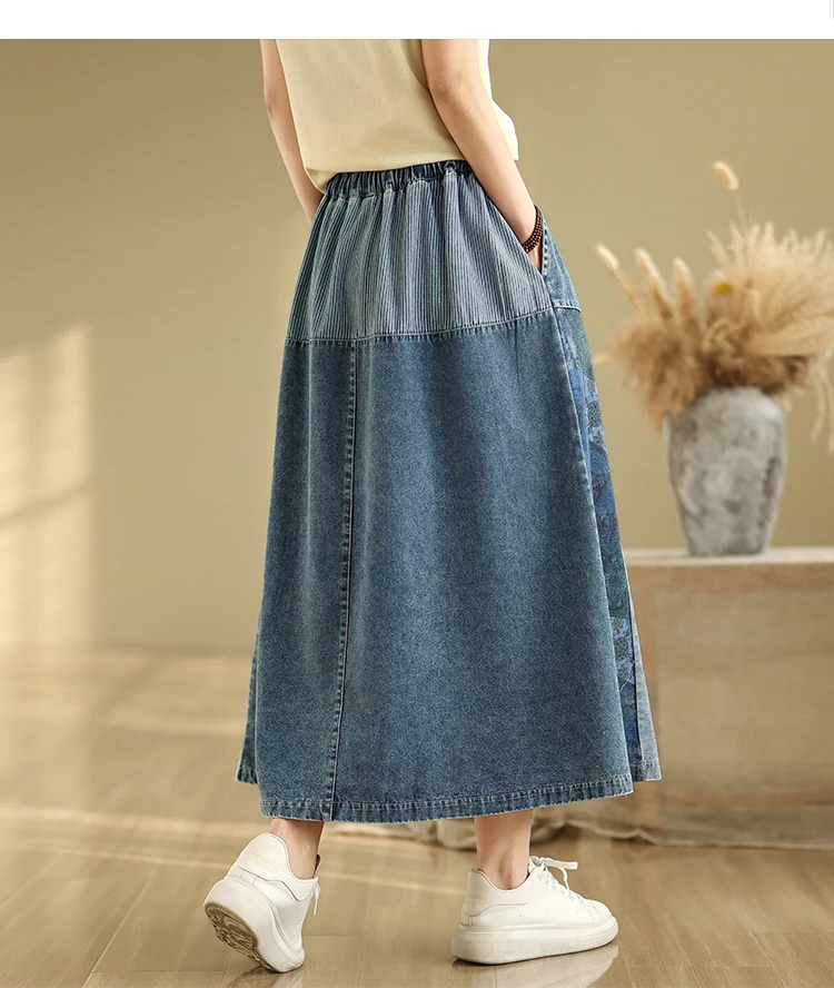 NYFS Summer Korean Denim Skirt Vintage Loose Plus Size High Waist Patchwork Woman Long Skirts Faldas Mujer Saias