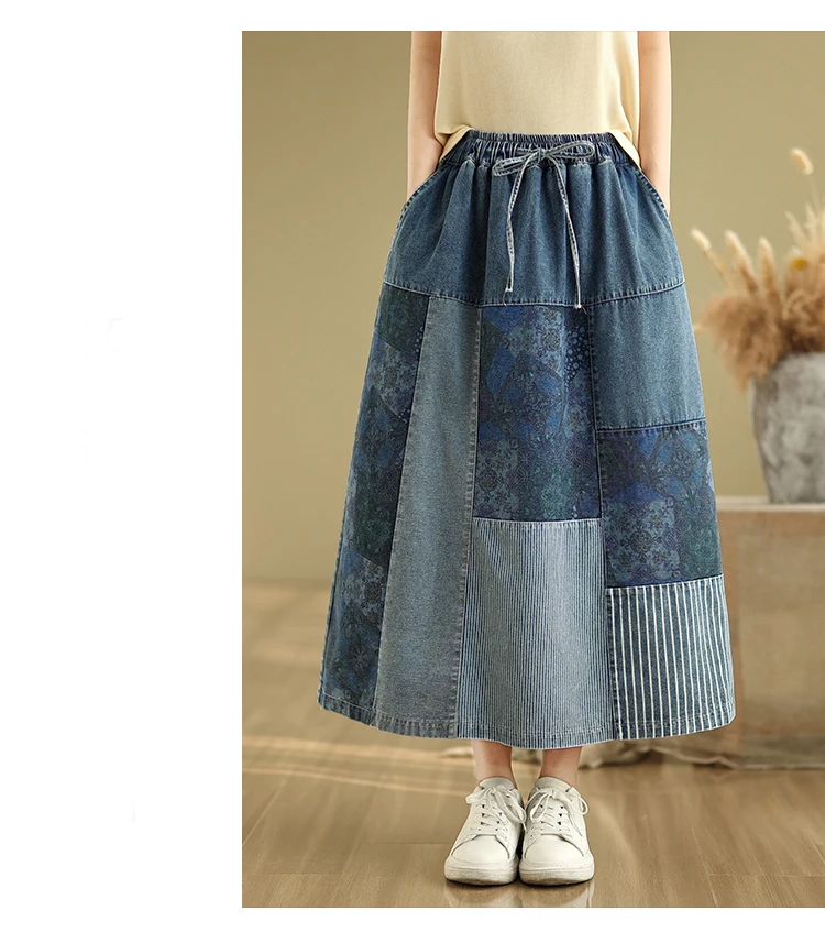 NYFS Summer Korean Denim Skirt Vintage Loose Plus Size High Waist Patchwork Woman Long Skirts Faldas Mujer Saias