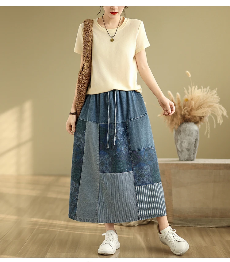 NYFS Summer Korean Denim Skirt Vintage Loose Plus Size High Waist Patchwork Woman Long Skirts Faldas Mujer Saias