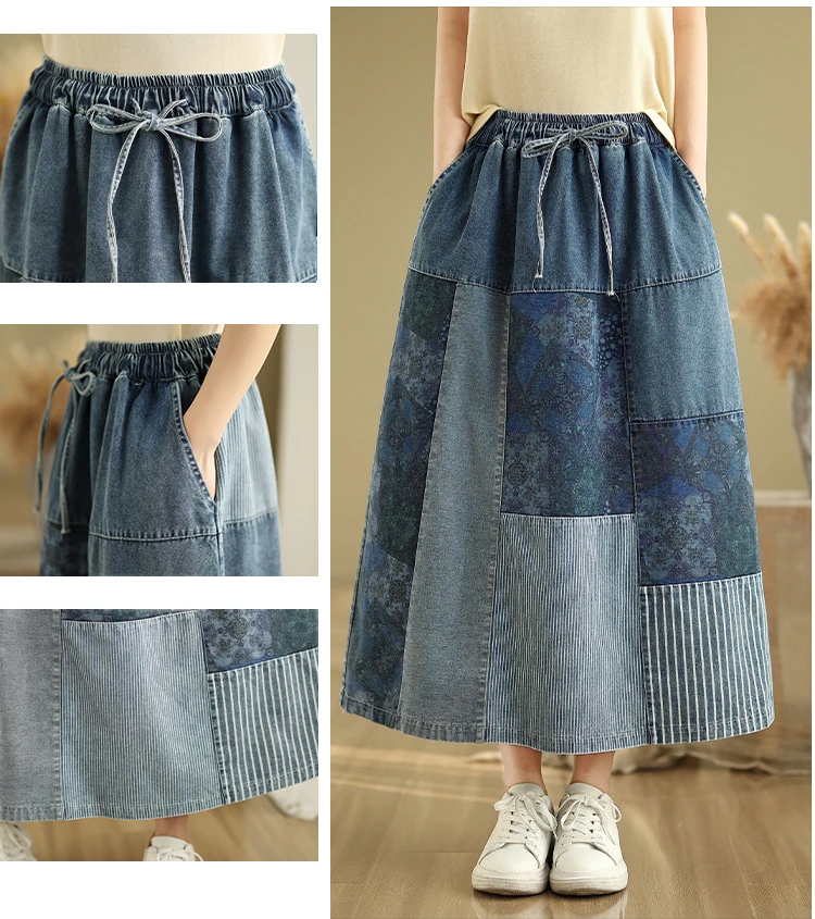NYFS Summer Korean Denim Skirt Vintage Loose Plus Size High Waist Patchwork Woman Long Skirts Faldas Mujer Saias