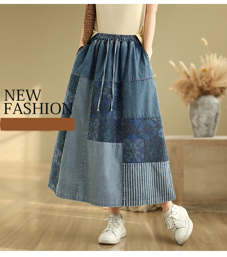 NYFS Summer Korean Denim Skirt Vintage Loose Plus Size High Waist Patchwork Woman Long Skirts Faldas Mujer Saias