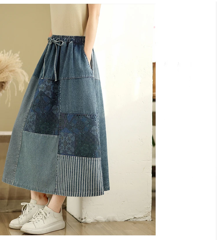 NYFS Summer Korean Denim Skirt Vintage Loose Plus Size High Waist Patchwork Woman Long Skirts Faldas Mujer Saias