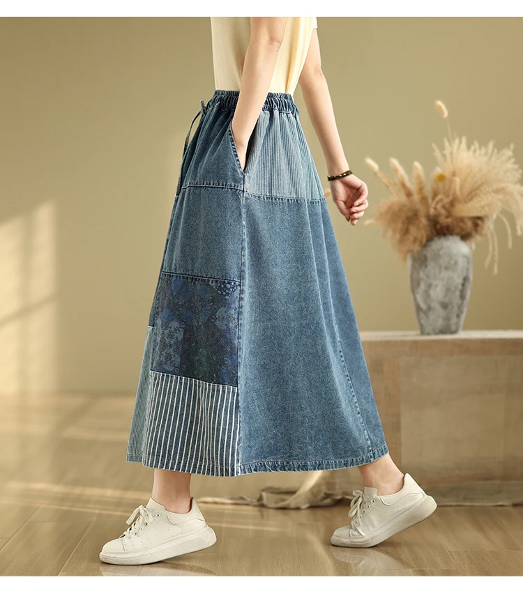 NYFS Summer Korean Denim Skirt Vintage Loose Plus Size High Waist Patchwork Woman Long Skirts Faldas Mujer Saias