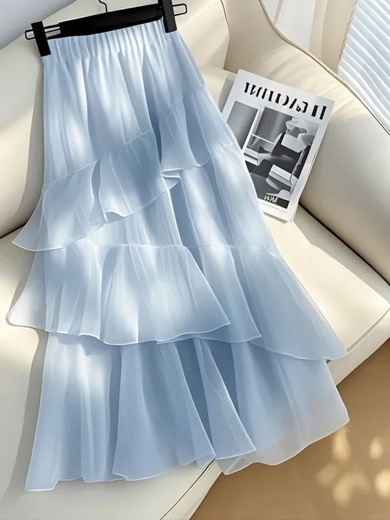 Jmprs Chic Ruffles Chiffon Long Skirt Women High Waist Elegant Fashion Sweet Skirts Korean Casual Soft Female Blue Long Skirt