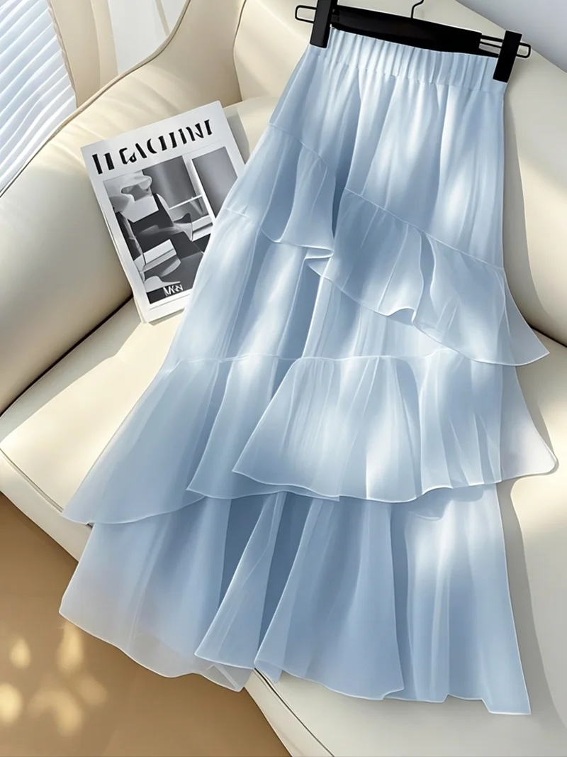 Jmprs Chic Ruffles Chiffon Long Skirt Women High Waist Elegant Fashion Sweet Skirts Korean Casual Soft Female Blue Long Skirt