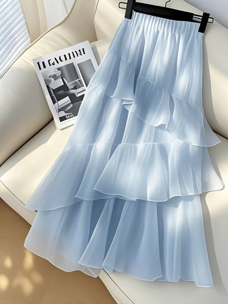Jmprs Chic Ruffles Chiffon Long Skirt Women High Waist Elegant Fashion Sweet Skirts Korean Casual Soft Female Blue Long Skirt