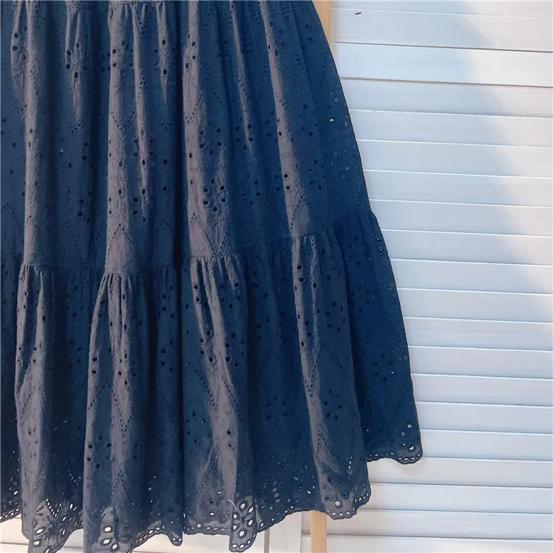 Elegant Hollow Out Embroidery Cotton Line White Skirt, Long Black Skirts For Women 2026 Autumn