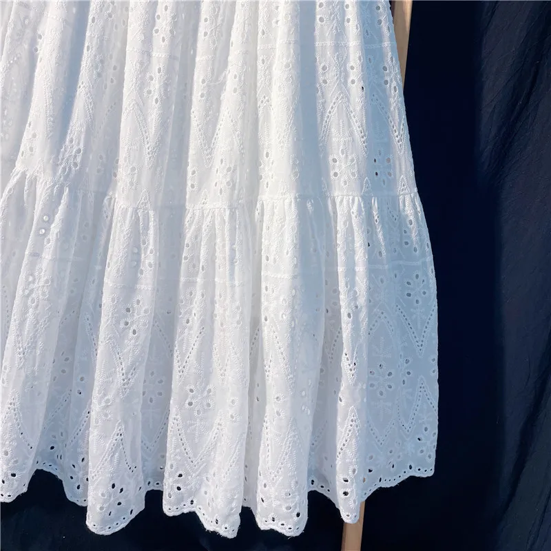 Elegant Hollow Out Embroidery Cotton Line White Skirt, Long Black Skirts For Women 2026 Autumn
